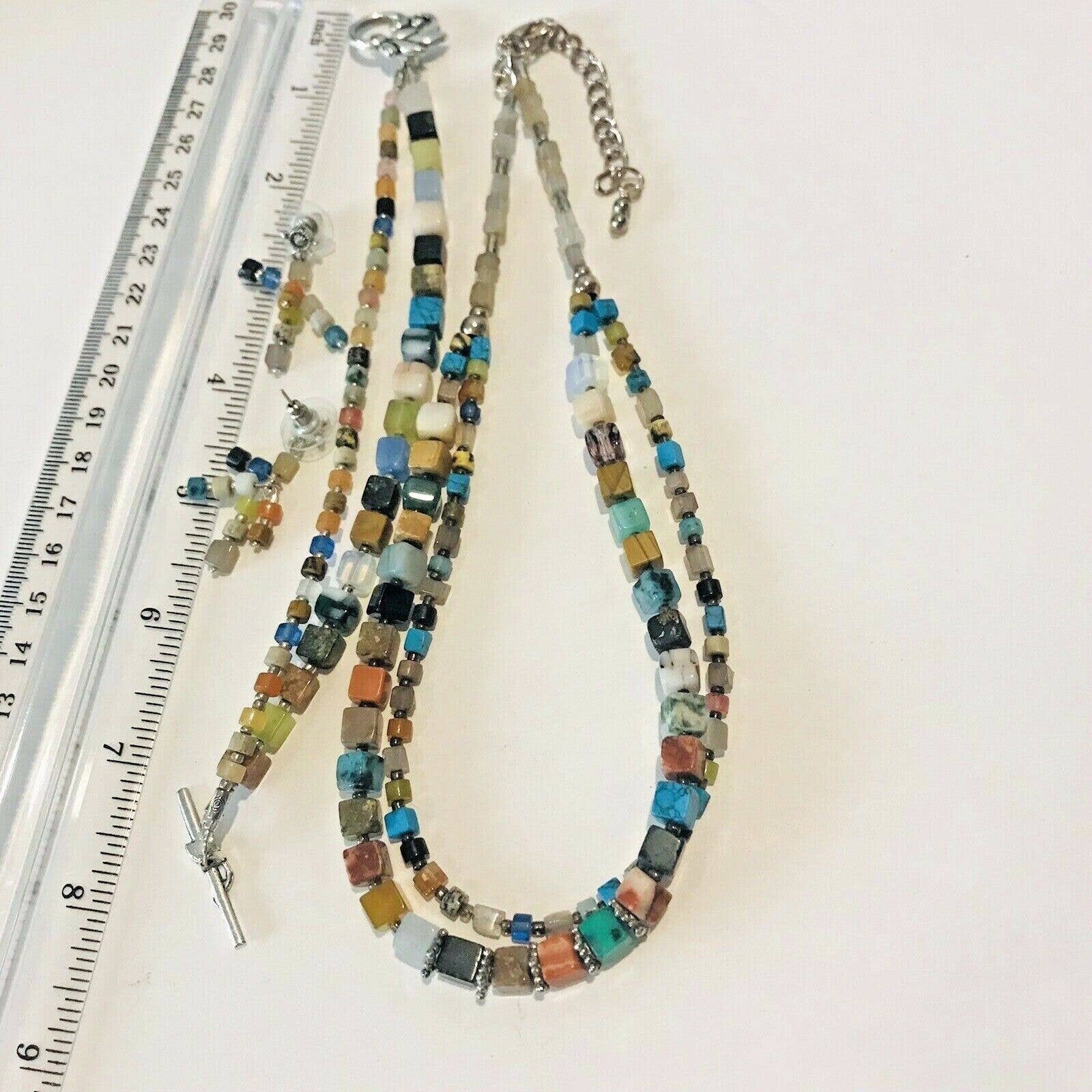 Gemstones Double Necklace Earrings Bracelet 3 Pc Set Silver Tone Square Beads